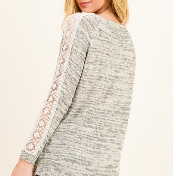 Gray & Taupe Boho Lace Floral Arm Sweater - Picture 5 of 8